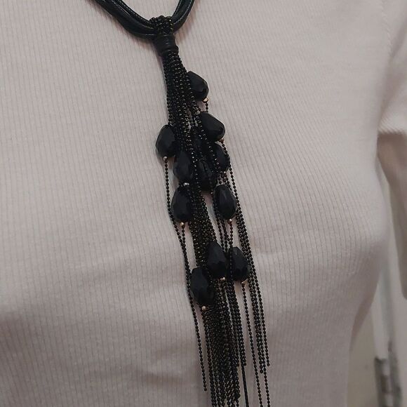 Glass Beads Accent Tasseled Y Drop Necklace 7 Strands Woven Cord Statement - Picture 3 of 6